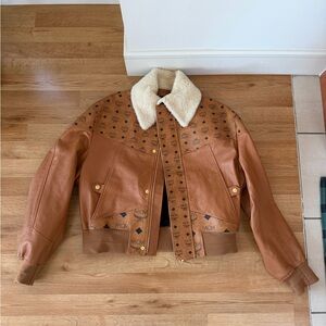 MCM Visetos and Leather Jacket with Shearling Collar